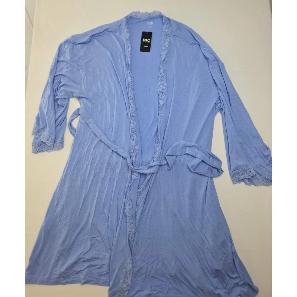 INC International Concept Women Wrap Robe Blue 2XL Lounge Lace Trim Knit NWT